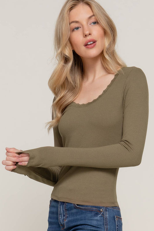 Long Sleeve Scoop Neck with Lace Trim Top